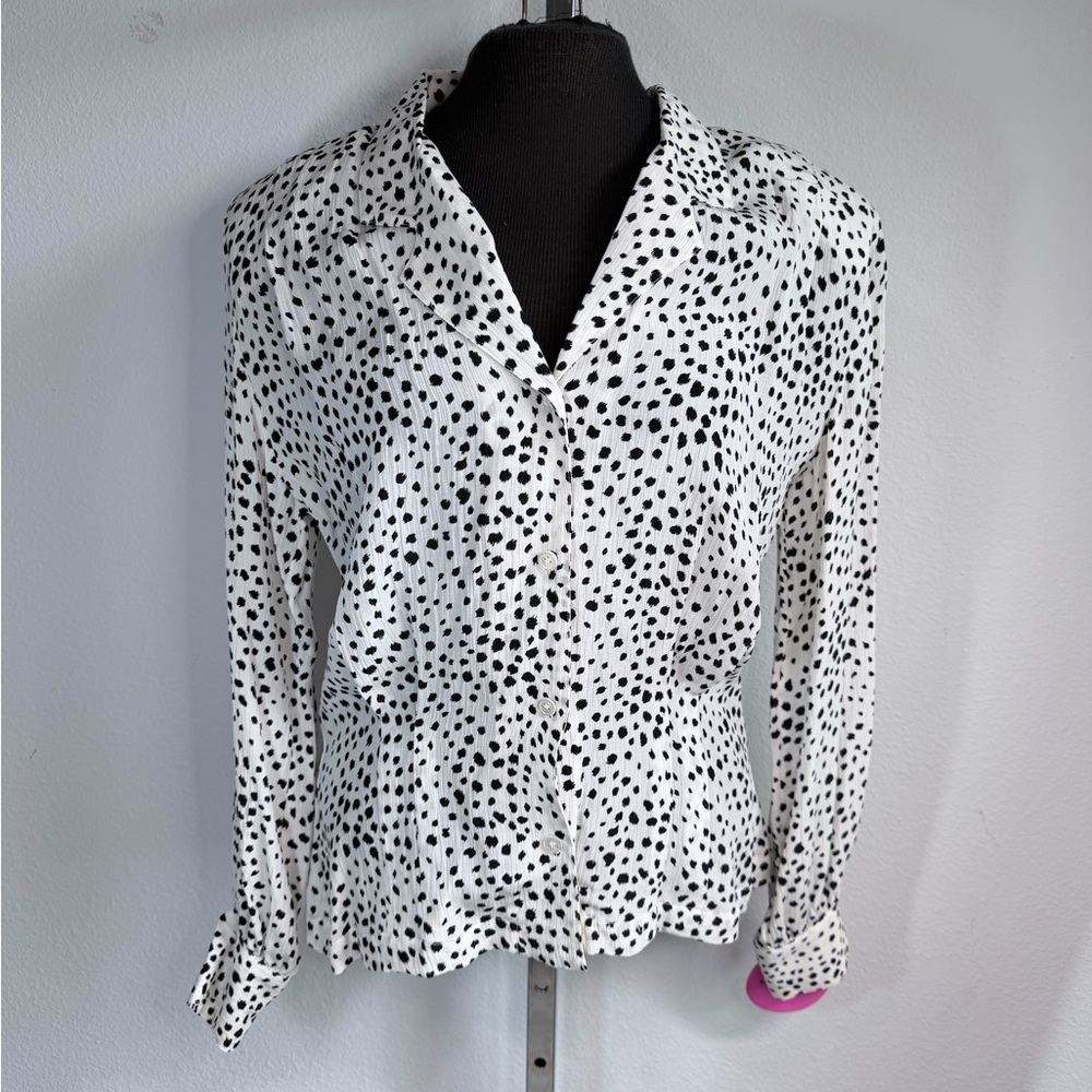 Liz Claiborne Y2K Dalmatian Print Blouse Black White Rayon Button Front Size 8